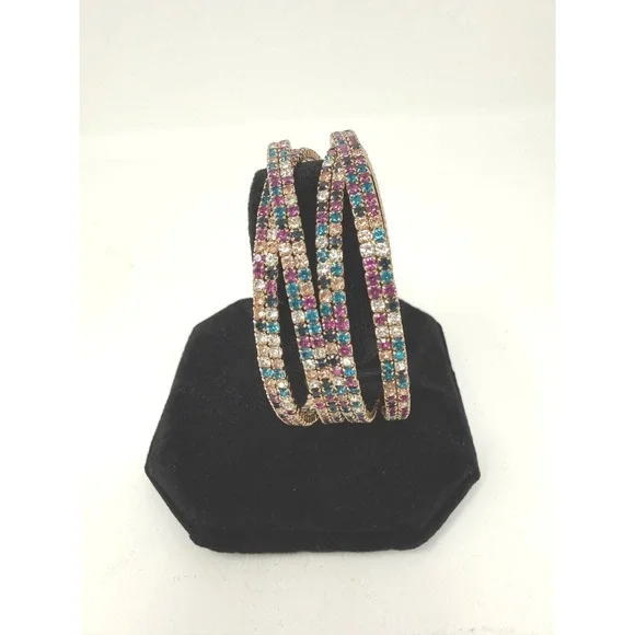Multicolor Rhinestone 4 Row Gold Tone Statement Cuff Bracelet Boho Glam - Picture 1 of 7